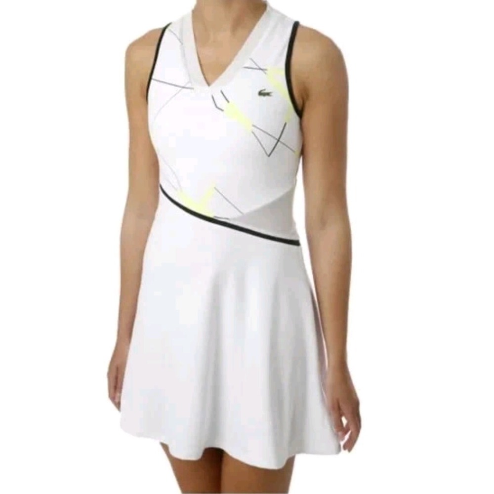 Lacoste Sport Racerback Geometric Tennis Dress White Black Flashy Yellow Size 40